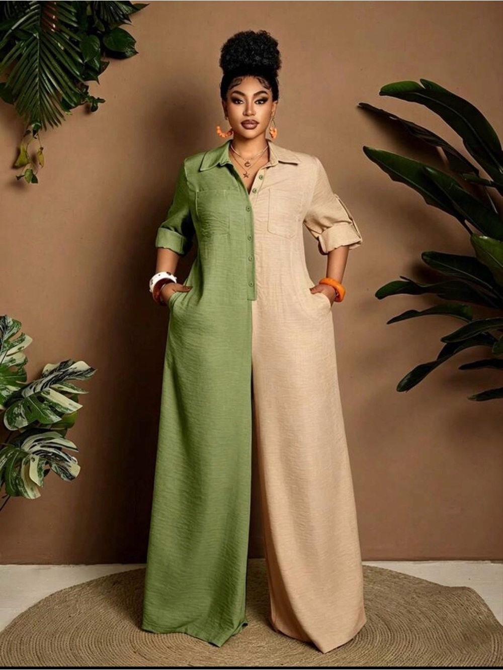 SHEIN Two-Tone Colorblock Wide-Leg Jumpsuit - Green & Beige